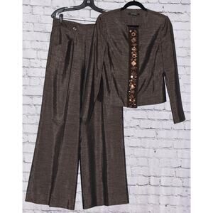 Ellen Tracy Brown Woven Linen Blend Jeweled Blazer & Pants Suit Set 6/8